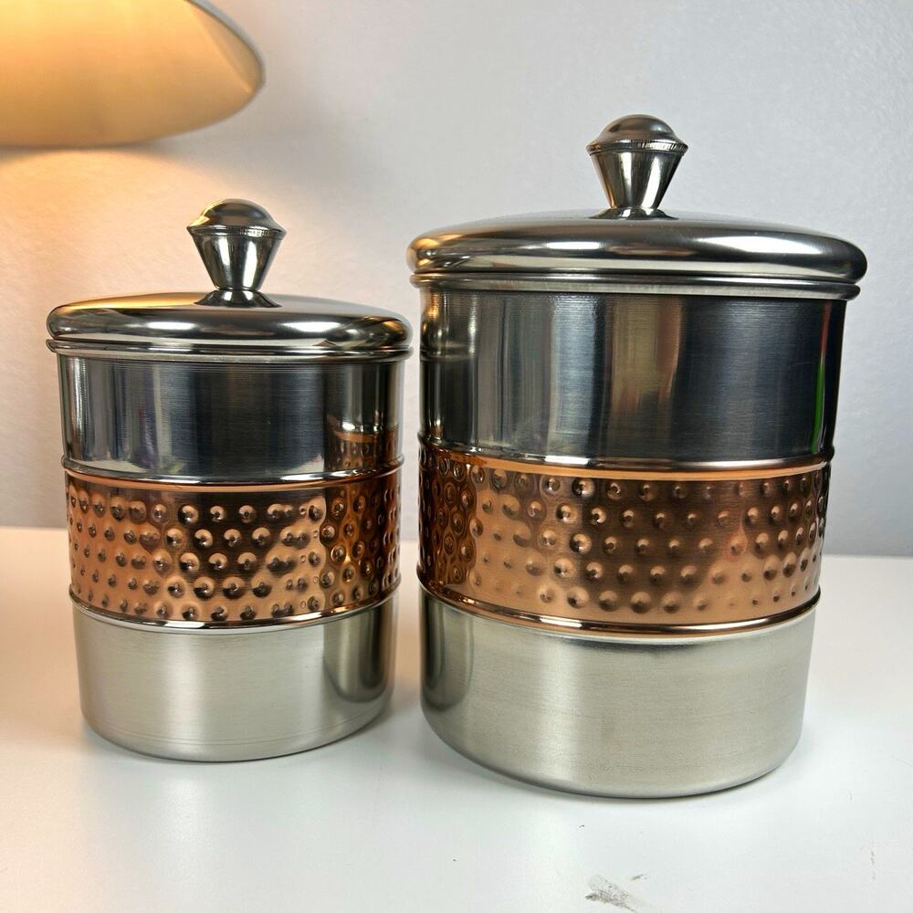 2pc Stainless Steel Canister Set w Lids, Silver Copper Hammered Band 16 oz